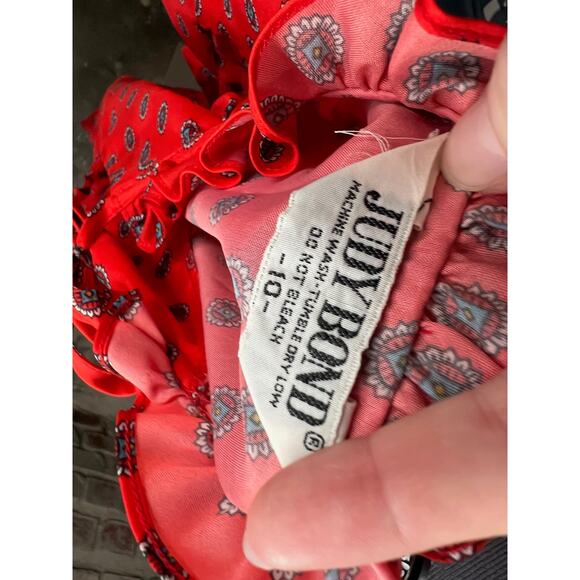 button up blouse ruffle collar tie neck red blue geometric - Picture 8 of 8